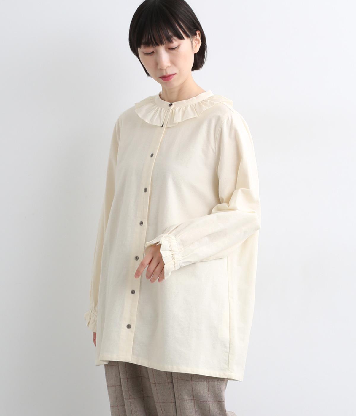 コットン平織微起毛　フリル襟・袖ブラウス(アイボリー-F)