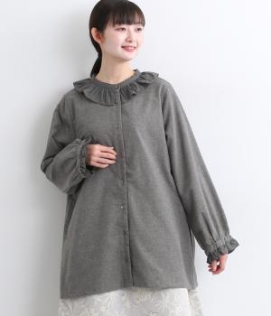 コットン平織微起毛　フリル襟・袖ブラウス(グレー-F)