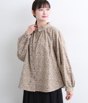 微起毛小花柄プリントブラウス(ベージュ-F)