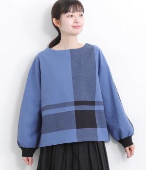 コットンリネンパネル格子柄リブブラウス