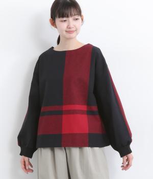 コットンリネンパネル格子柄リブブラウス(ブラック-F)