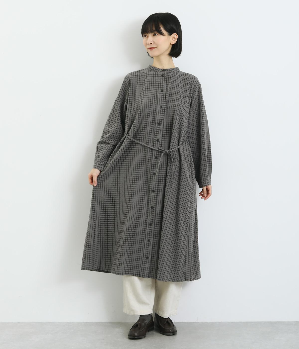 コットンレーヨン薄起毛チェックワンピース(グレー-F)