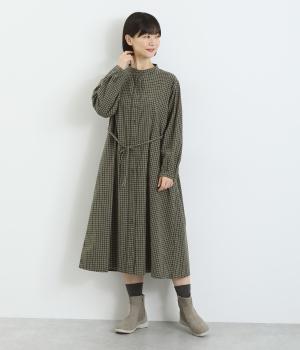 コットンレーヨン薄起毛チェックワンピース(カーキ-F)