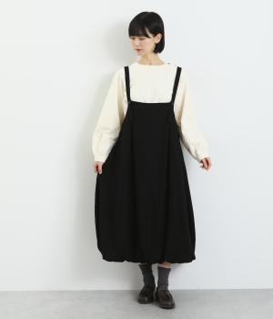 レーヨンリネンコットン綾織　裾バルーンジャンパースカート(ブラック-F)
