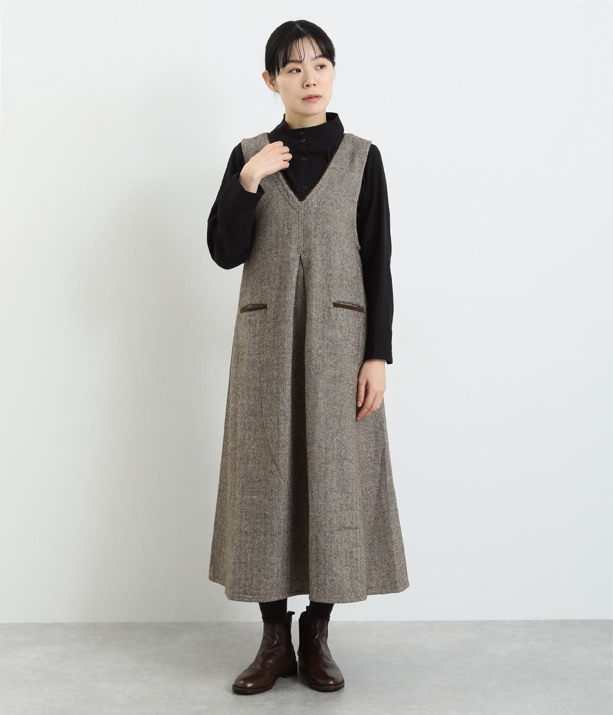 へリンボンジャンパースカート(ブラウン-F)