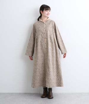 微起毛小花柄プリント　ショールカラーワンピース(ベージュ-F)