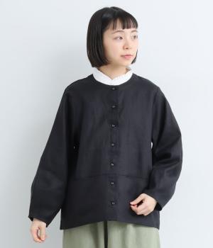 リネン100　 平織りジャケット(ブラック-F)