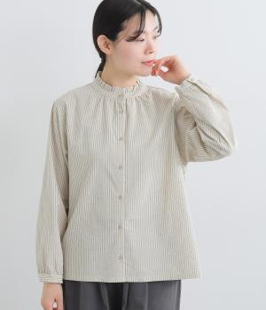 コットンストライプ　襟フリルブラウス