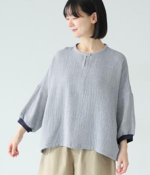 コットンシャンブレーWガーゼブラウス(ネイビー-F)