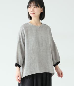 コットンシャンブレーWガーゼブラウス(ブラック-F)