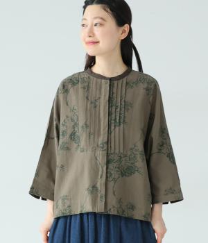 レーヨンリネン　大花プリントピンタックブラウス(グリーン-F)