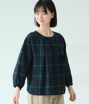 先染めチェック　センタータックプルオーバーブラウス(ネイビー-F)