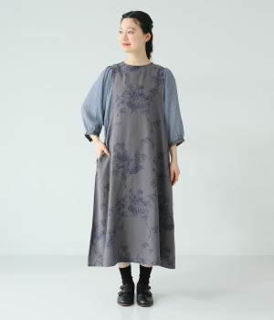 レーヨンリネン　大花プリント袖切り替えワンピース(グレー-F)