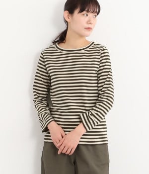 ムラ糸ボーダークルーネックプルオーバー(ベージュ×スミクロ-ONESIZE)