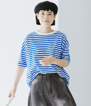 ムラ糸ボーダーワイドTシャツ(ホワイト×ロイヤルブルー-ONESIZE)