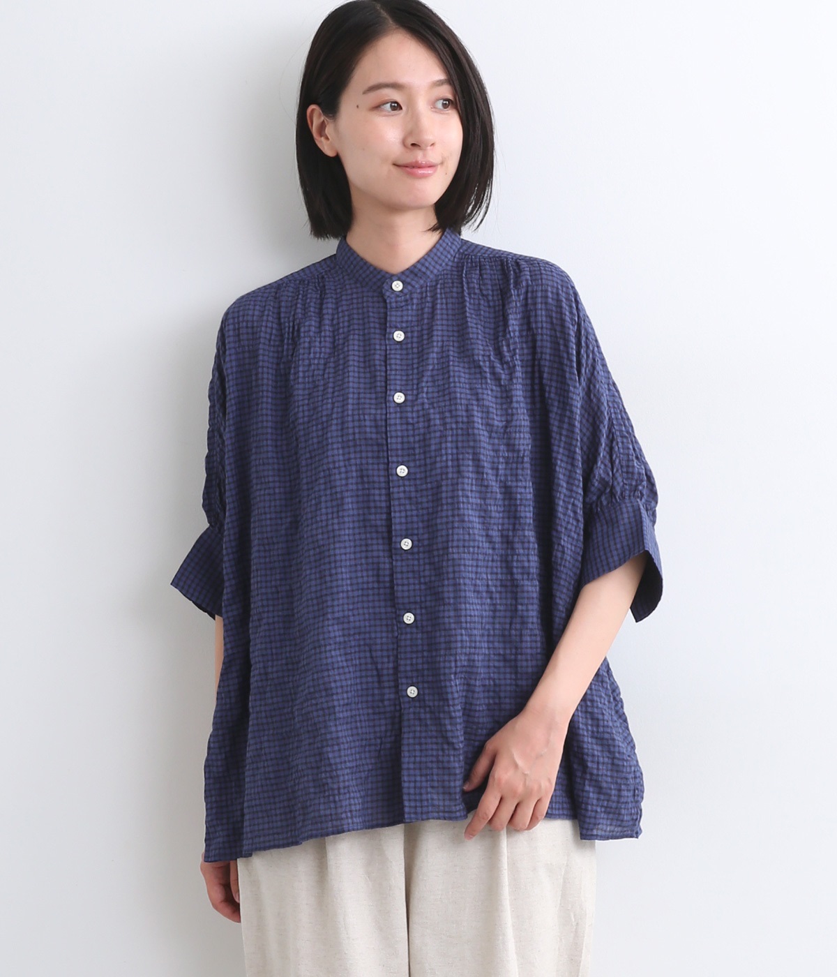 モダールシャーリングチェックワイドドルマンブラウス(ブルーネイビー-ONESIZE)