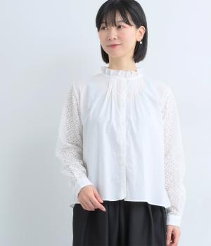 コットンローンソフトワッシャー袖レースピンタックブラウス