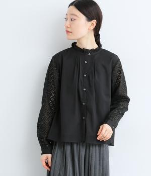 コットンローンソフトワッシャー袖レースピンタックブラウス(ブラック-F)