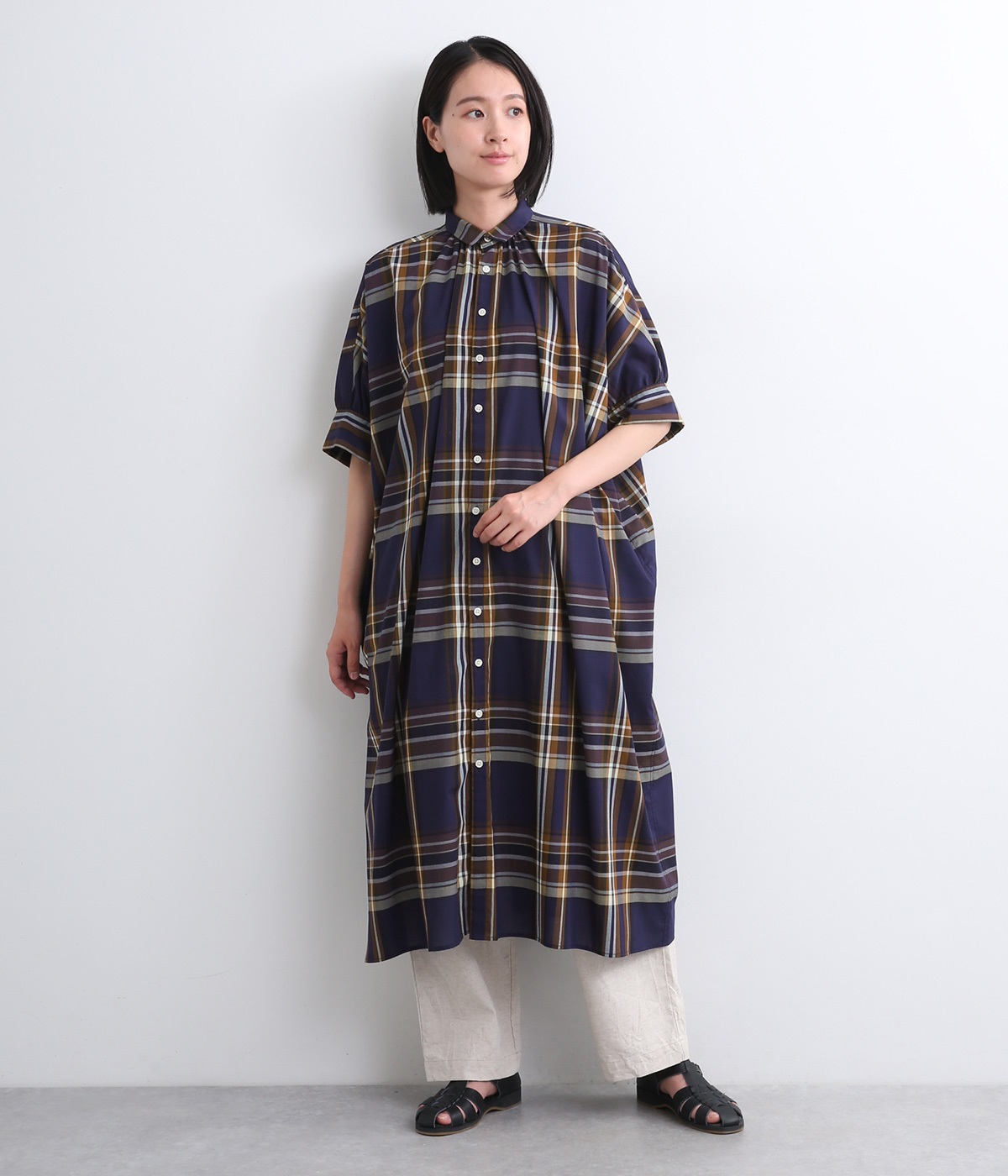 ビッグチェックドルマンワイドワンピース(ネイビー系-ONESIZE)