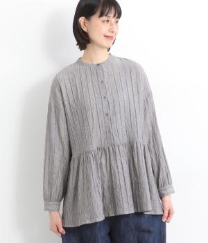 ストライプシャーリング切り替えギャザーブラウス
