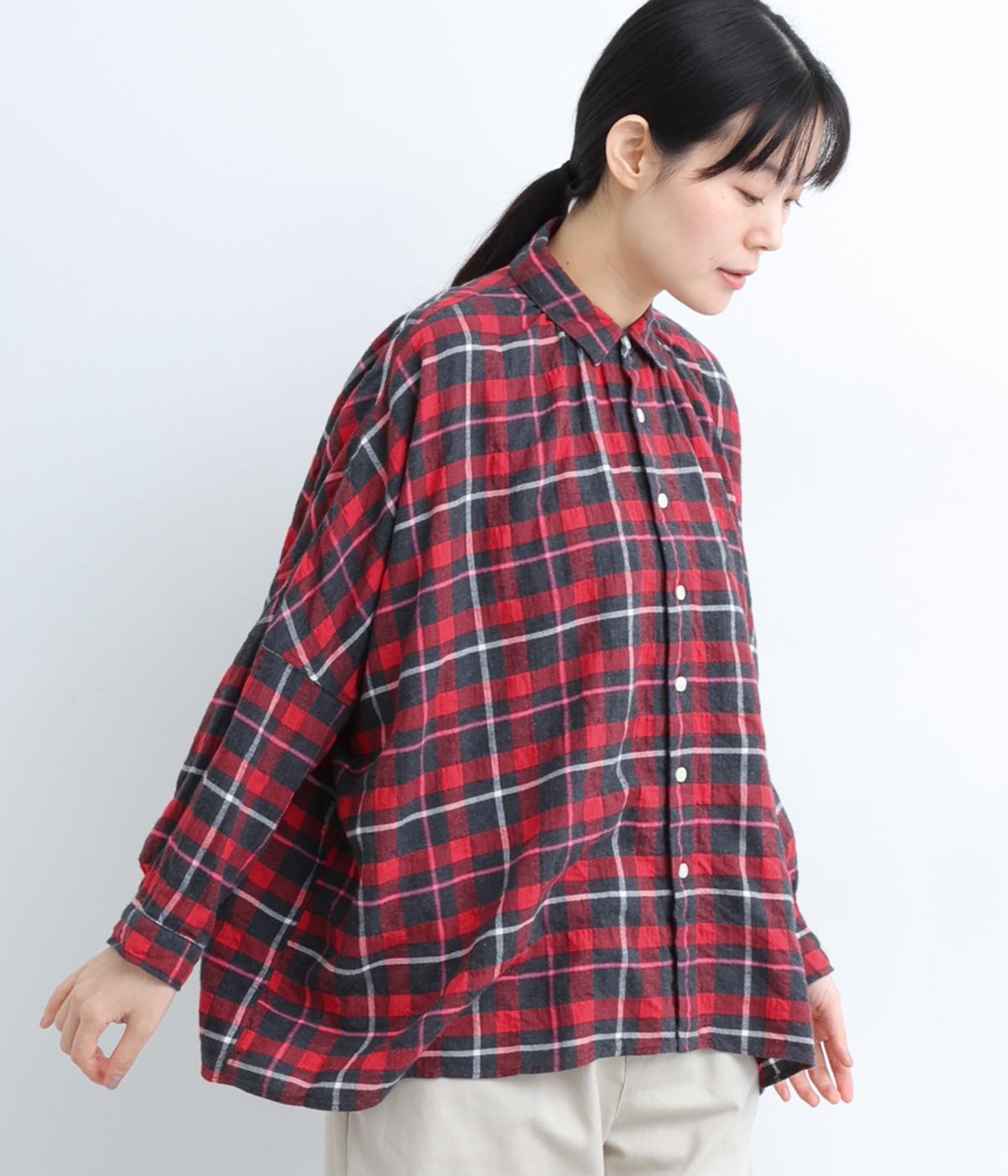 ヘリンボーンシャーリングチェックドルマンブラウス(レッド系-F)