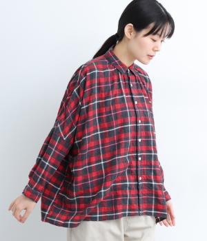 ヘリンボーンシャーリングチェックドルマンブラウス(レッド系-F)