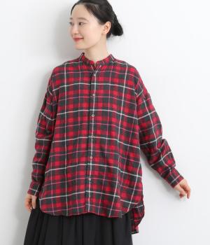 へリンボンシャーリングチェックシャツチュニック(レッド-F)