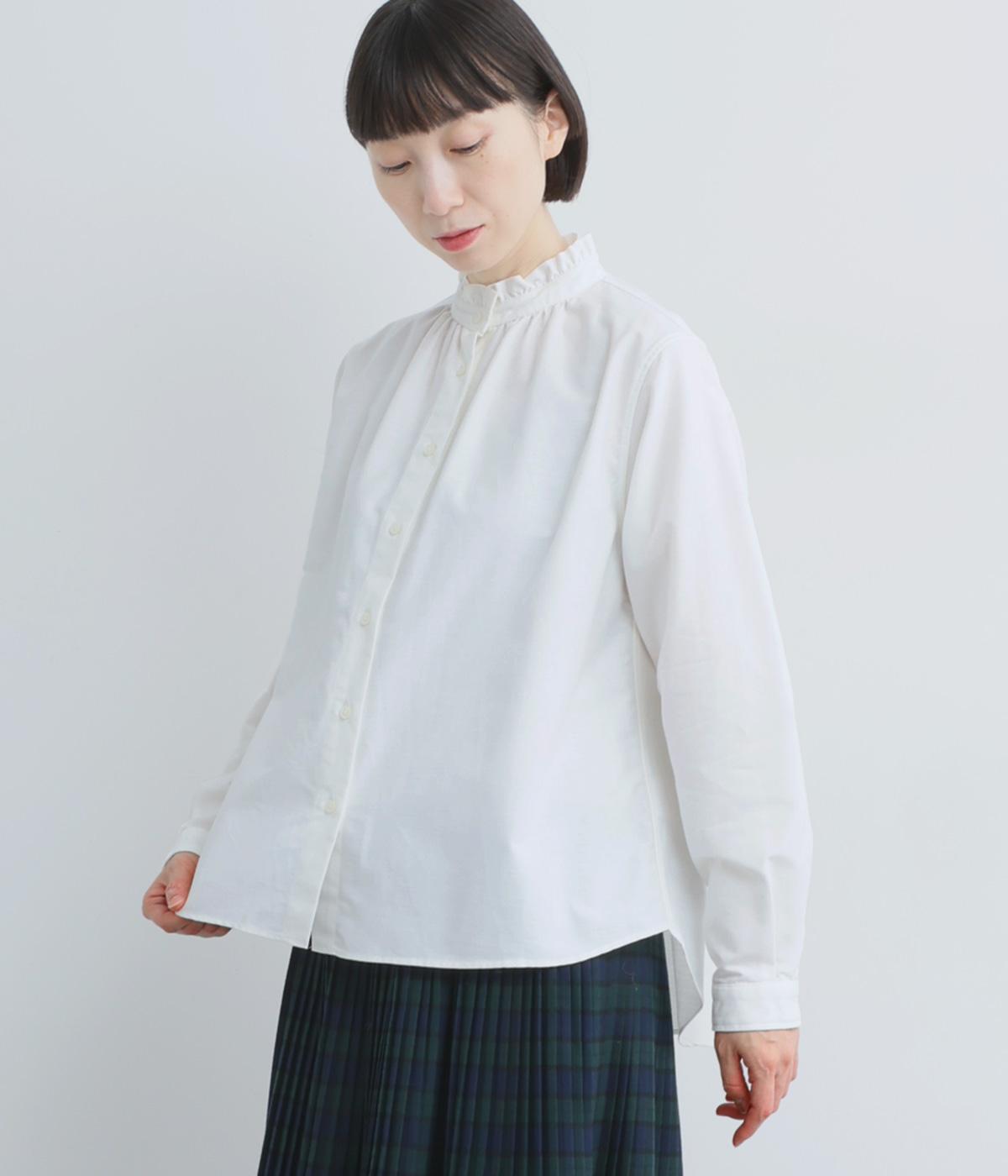 オーガニックコットンオックスフリルネックブラウス(ホワイト-F)