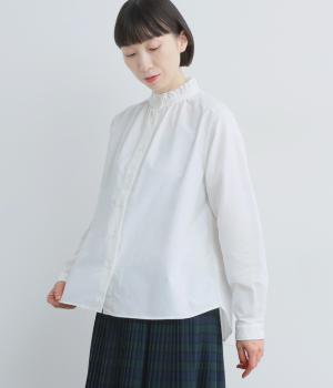 オーガニックコットンオックスフリルネックブラウス(ホワイト-F)