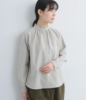オーガニックコットンオックスフリルネックブラウス(ストライプ-F)