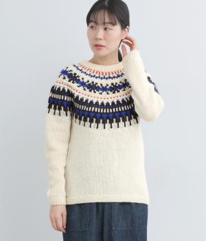 ウールペルーニット 手編み求心柄プルオーバー