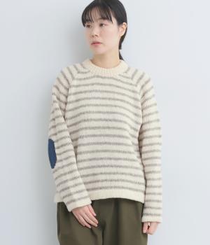 ウールペルーニット 手編みボーダープルオーバー(オフ×グレー-F)