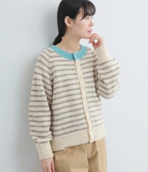ウールペルーニット 手編みボーダーカーディガン(オフ×グレー-F)