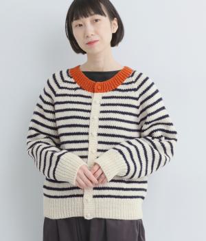 ウールペルーニット 手編みボーダーカーディガン(オフ×ネイビー-F)