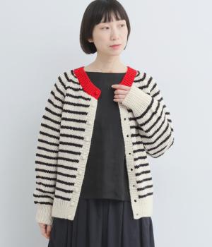 ウールペルーニット 手編みボーダーカーディガン(オフ×ブラック-F)