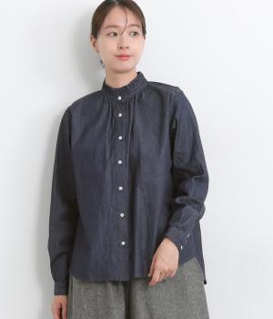 デニムフリルネックブラウス(ブルー-F)
