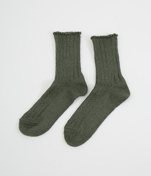 フレンチリネンリブソックス(オリーブ-ONESIZE)