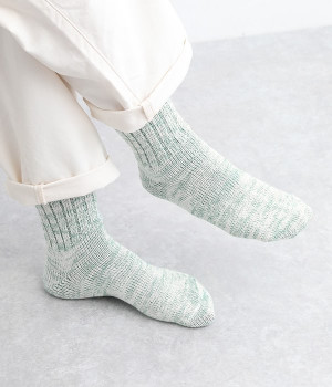コットンリネンプレーティングリブソックス(グリーン-ONESIZE)