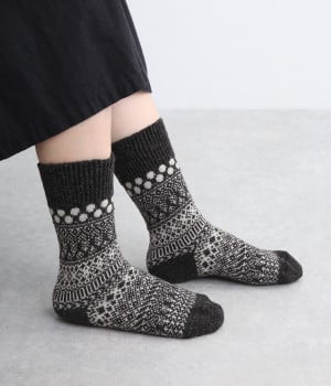 ウールコットンジャカードソックス(チャコール-ONESIZE)