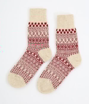 ウールコットンジャカードソックス(レッド-ONESIZE)