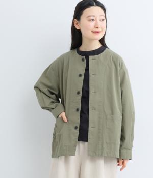 コットンツイルノーカラージャケット(オリーブ-F)