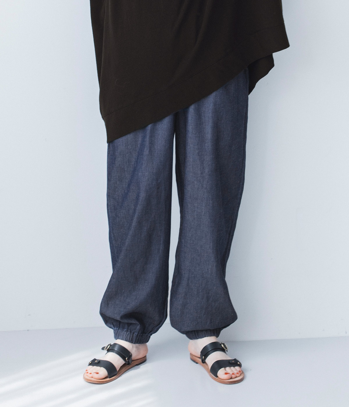 コットンリネン4.5ozデニムヘムゴムパンツ(ネイビー-ONESIZE)