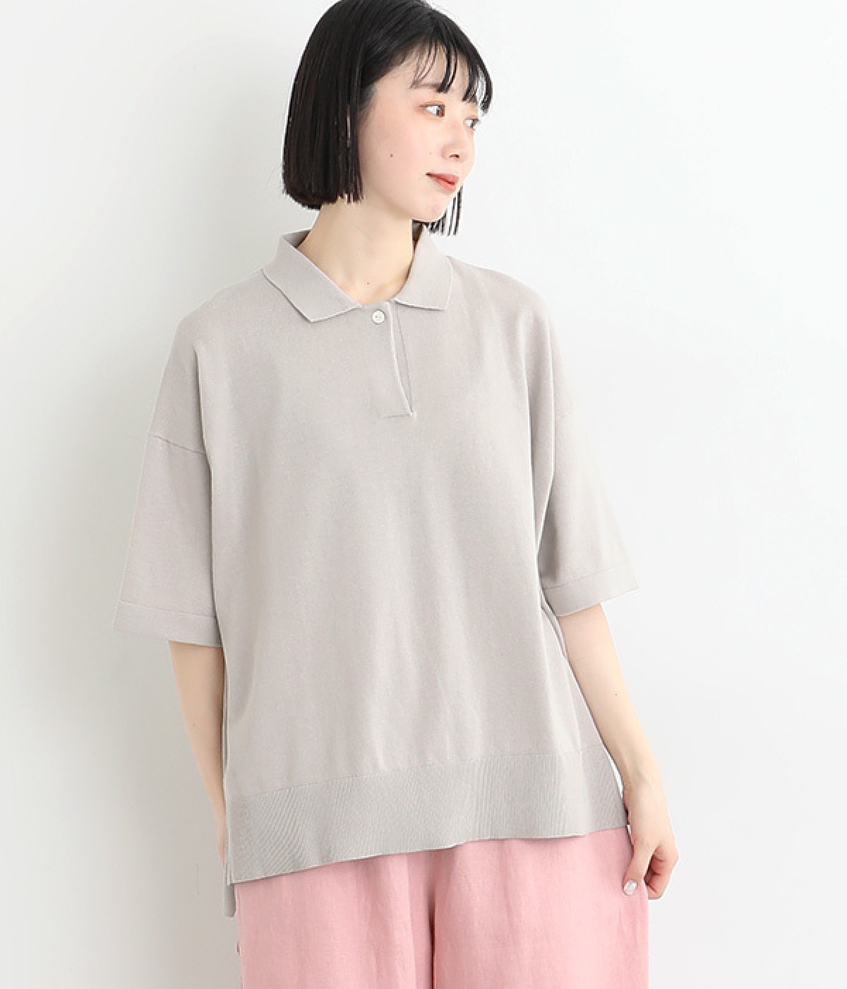 コットンニットポロカラープルオーバー(グレージュ-ONESIZE)