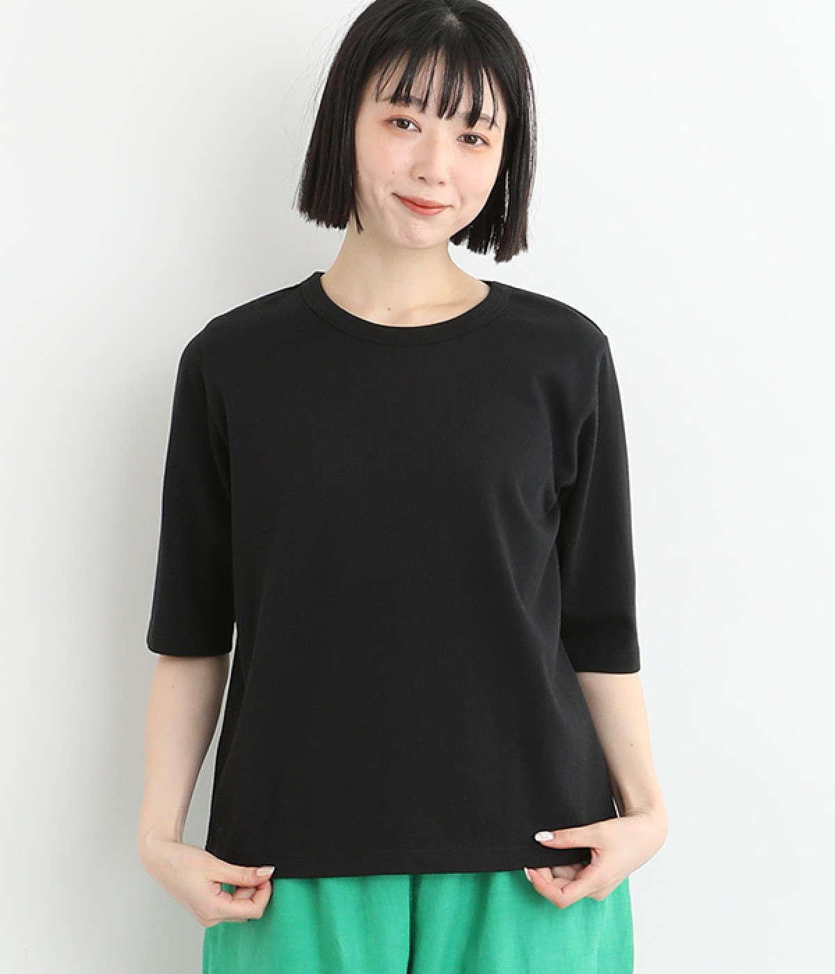 コットンカットソー5分袖シャツ(ブラック-ONESIZE)
