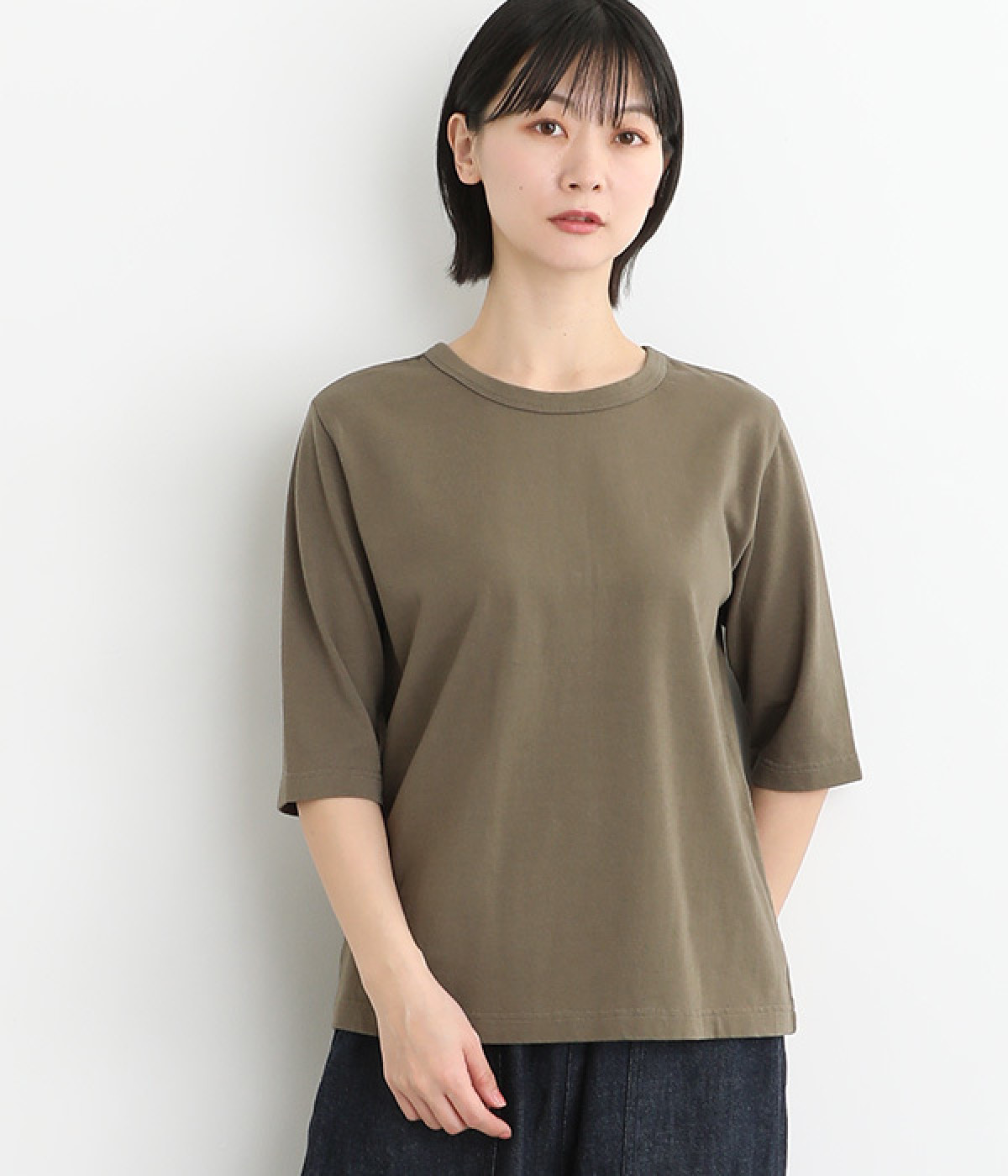 コットンカットソー5分袖シャツ(カーキ-ONESIZE)