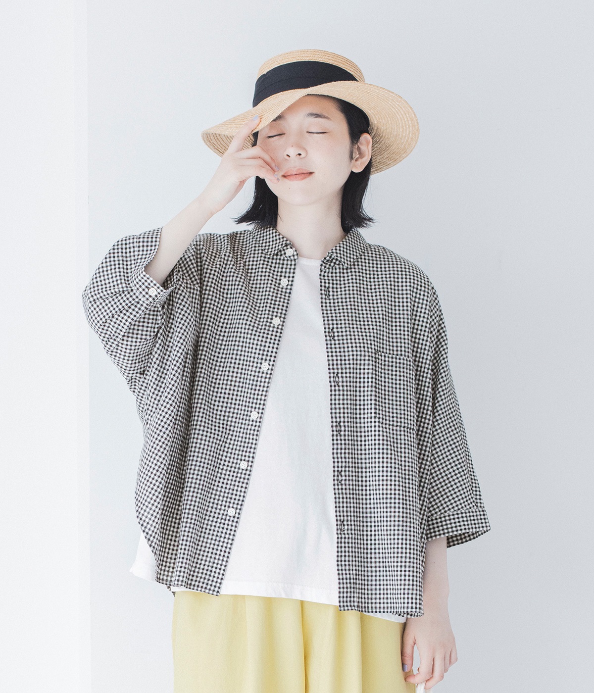 コットンリネンブロードワッシャーワイドシャツ(ギンガム-ONESIZE)