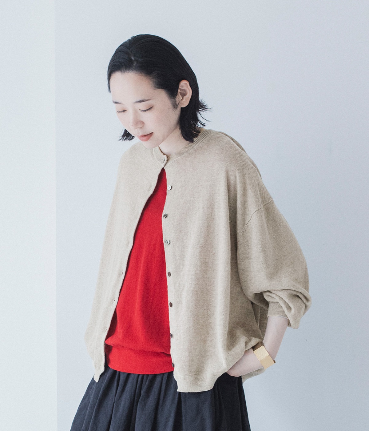 UVカット　リネンニットクルーカーディガン(ナチュラル-ONESIZE)