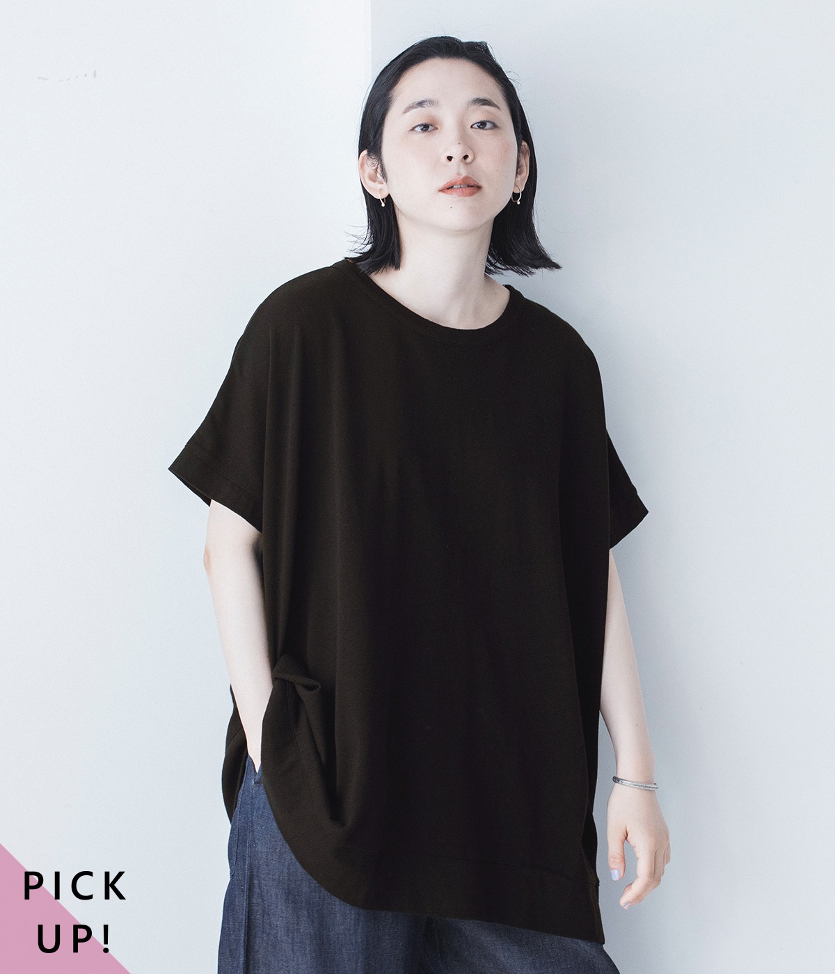 コットンリネンカットソーワイドボックスプルオーバー(ブラック-ONESIZE)