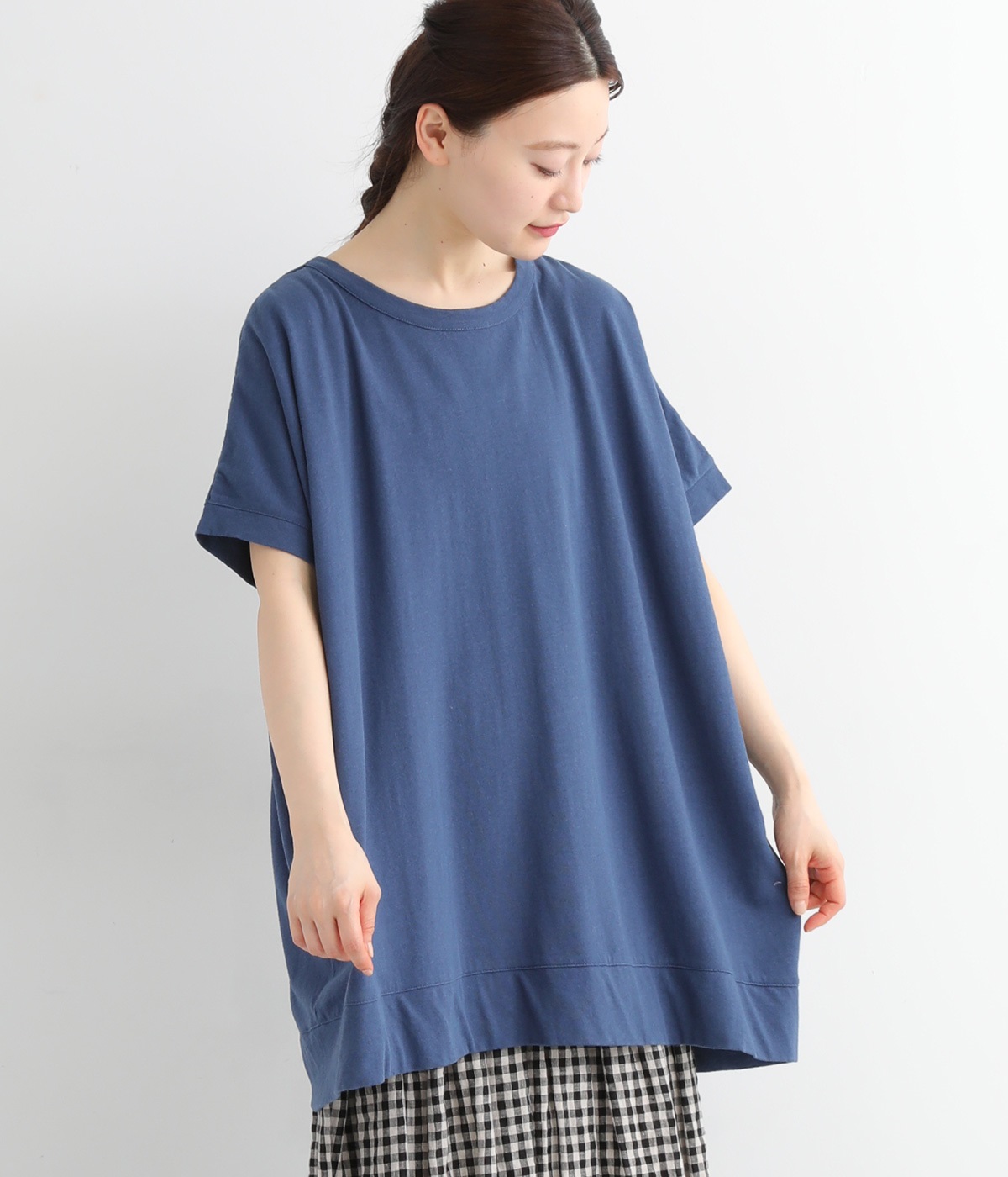 コットンリネンカットソーワイドボックスプルオーバー(ブルー-ONESIZE)