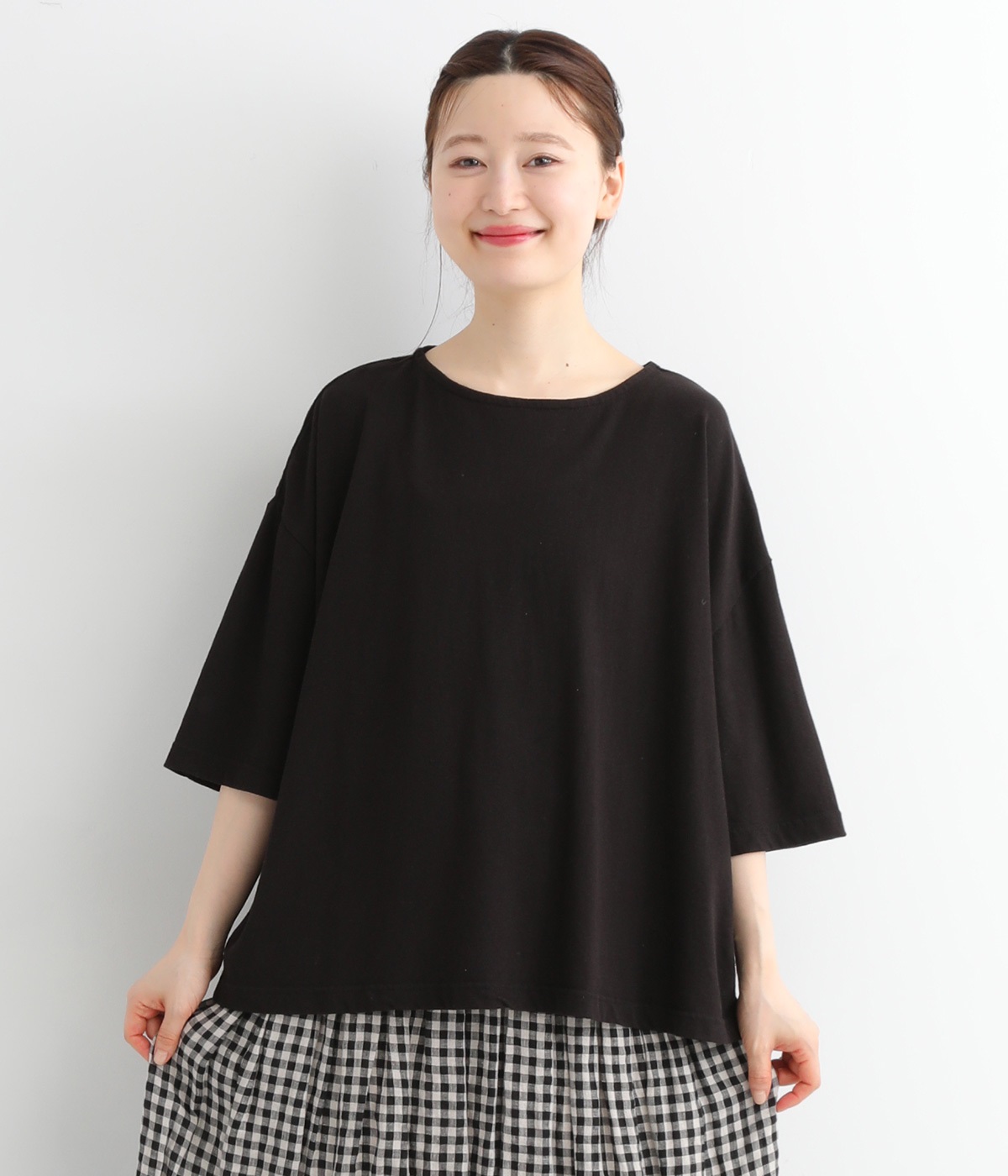 コットンリネンカットソーワイドＴシャツ(ブラック-ONESIZE)